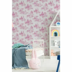 Disney Princess Castle Toile Pink/White Wallpaper For Unisex