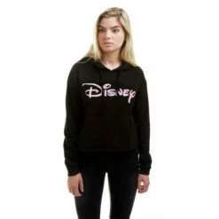 Disney Plain Logo Cotton Cropped Hoodie For Female